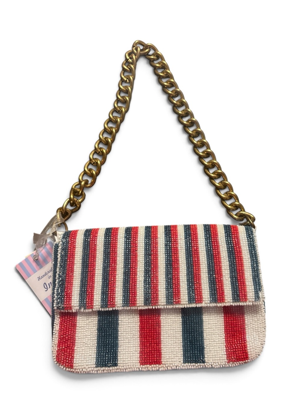 Hand Crafted Red, Navy & White Striped Beaded Chain Clutch